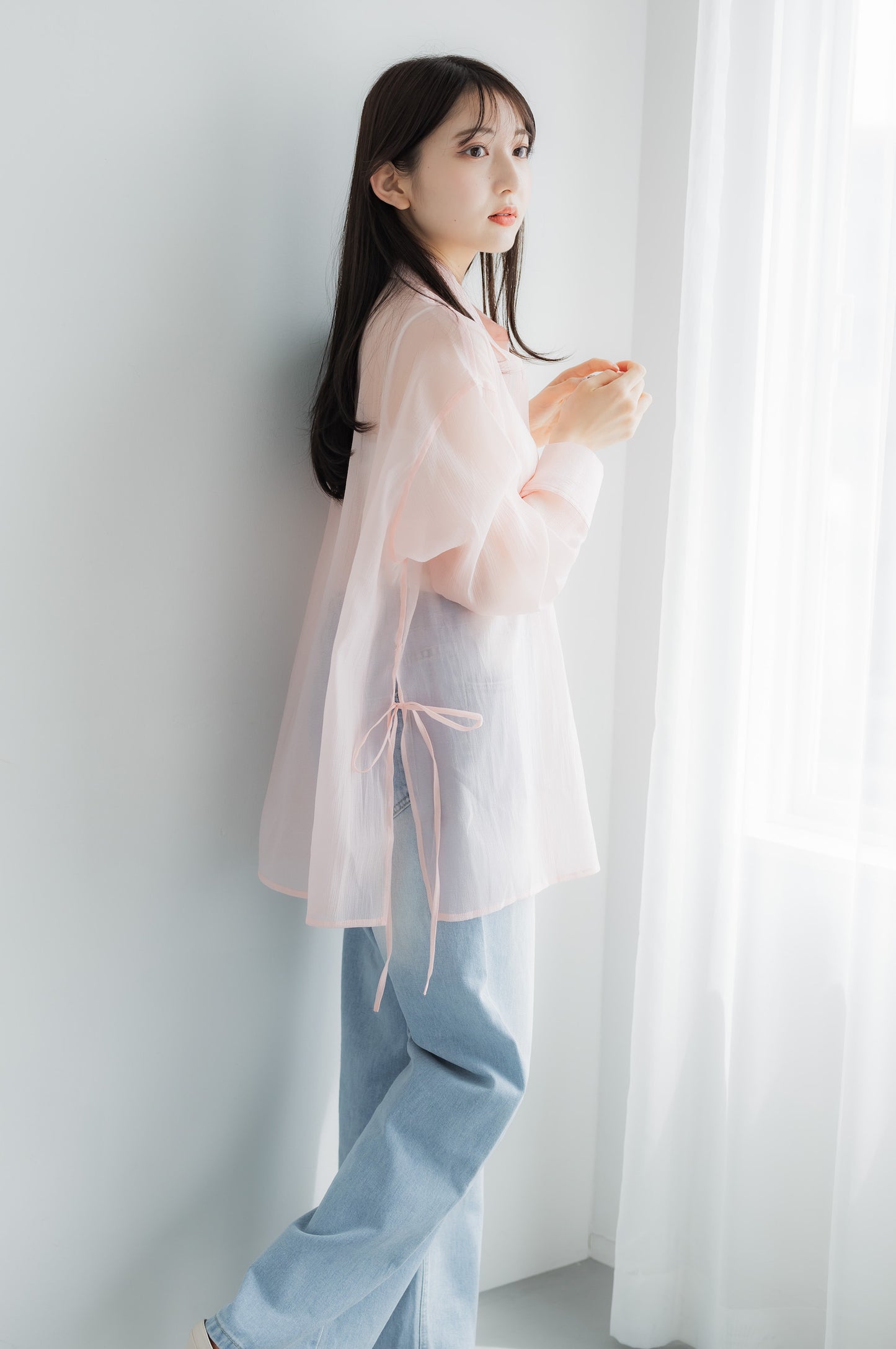 Side ribbon sheer shirt