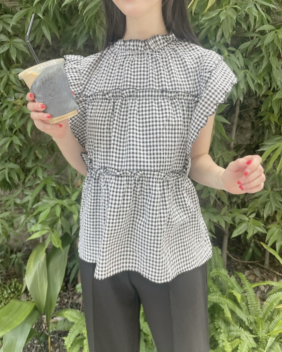 gingham check frill blouse