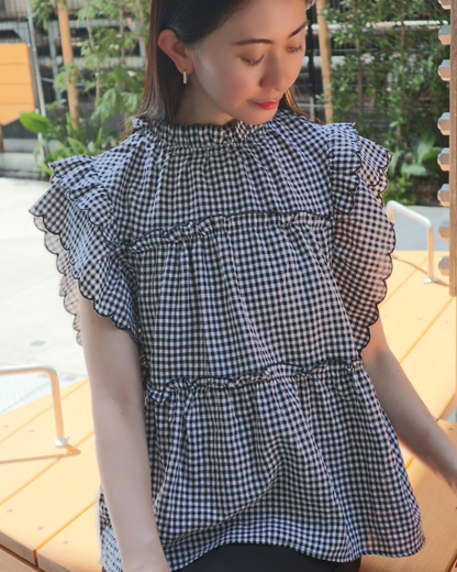 gingham check frill blouse