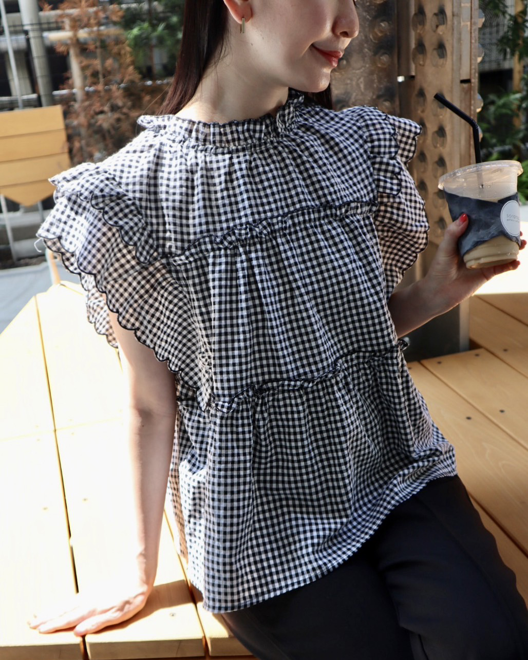 gingham check frill blouse