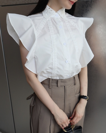 Lace color frill blouse