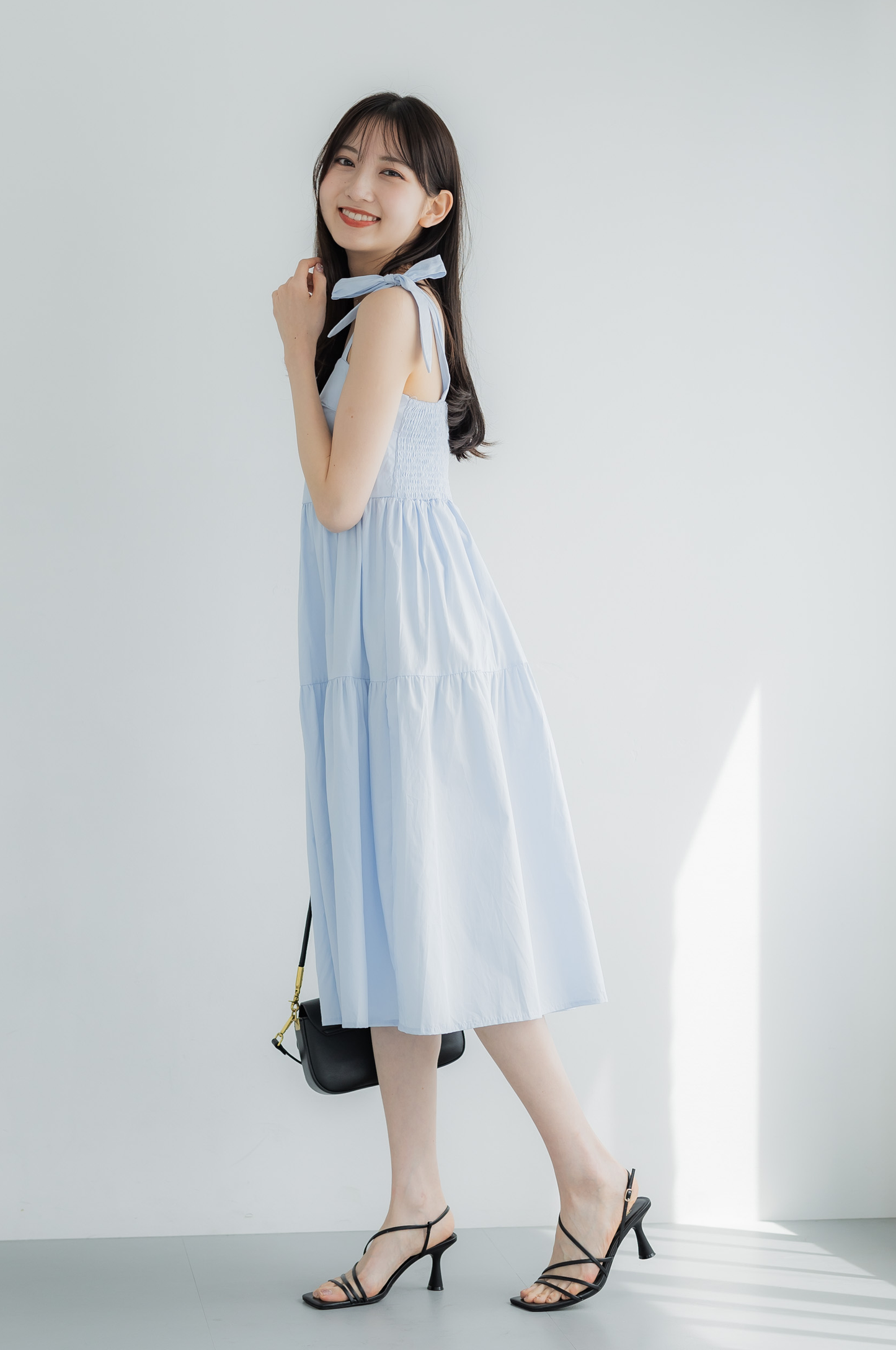 Shoulder ribbon tiered dress